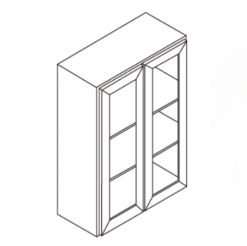 3D sketch of a two-door cabinet with three shelves inside.